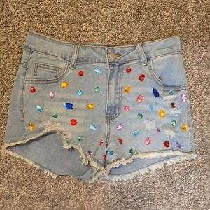 SHEIN Light Blue Jean Shorts with Colorful Gems